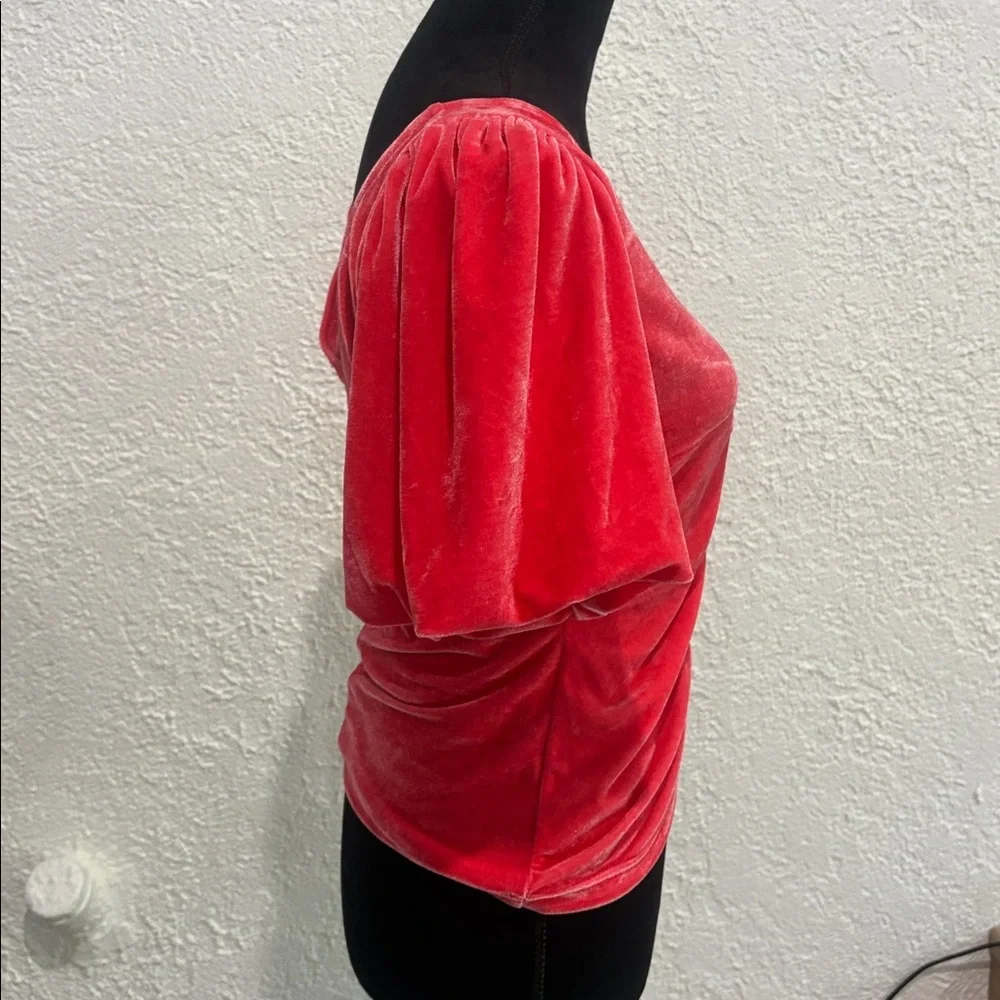 Free People Pink Velvet Top Size Medium V-Neck Puff Sleeve Blouse